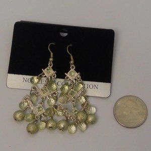 NOBLESSE COLLECTION Green Beaded Earrings Rhinestones Drop Dangle Silver Tones H